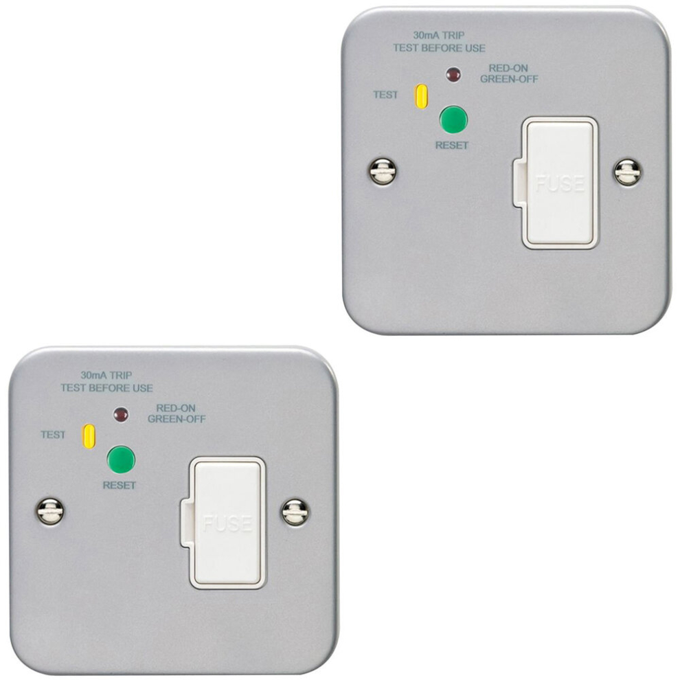 2 PACK 1 Gang Single 13A Unswitched Fuse Spur 30mA Passive RCD METAL CLAD Safety