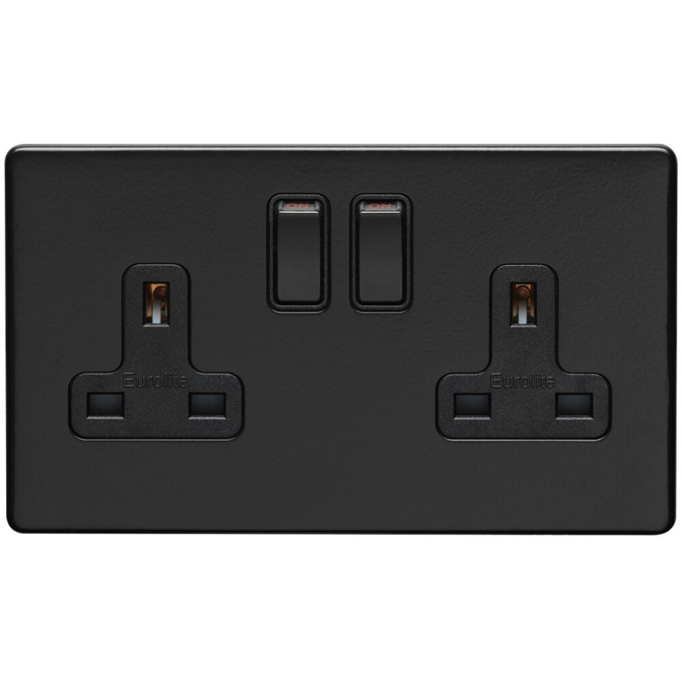 2 Gang Double DP 13A Switched UK Plug Socket SCREWLESS MATT BLACK Wall Power