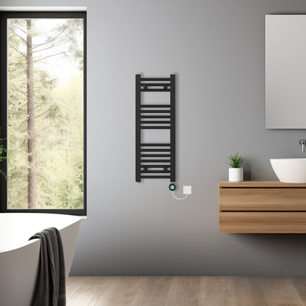 (Black, 800x300mm) Bathroom Prefilled Electric Heated Towel Rail Straight Radiator Thermo Smart WiFi