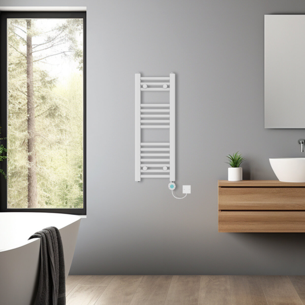 (White, 800x300mm) Bathroom Prefilled Electric Heated Towel Rail Straight Radiator Thermo Smart WiFi