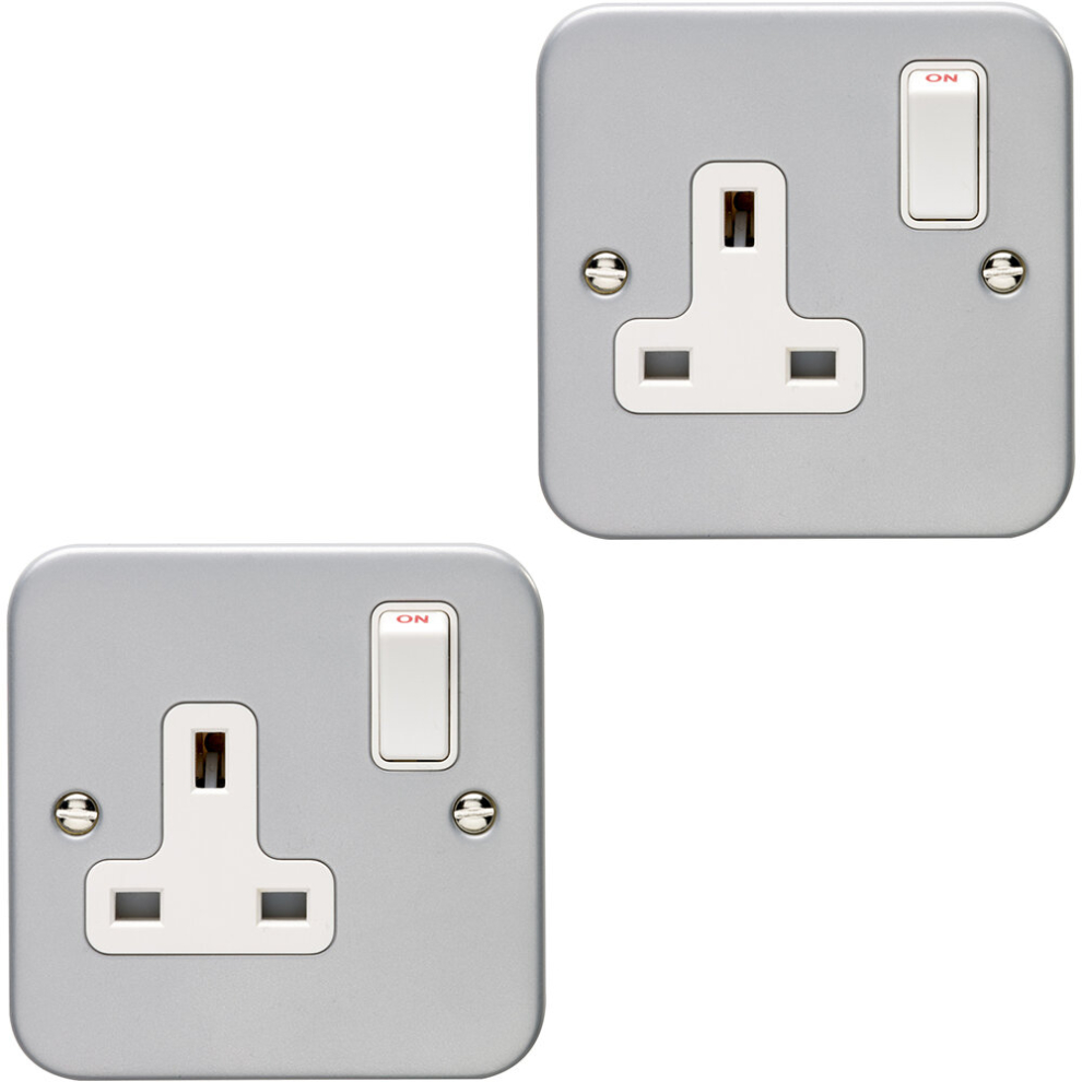 2 PACK 1 Gang Single 13A Switched UK Plug Socket HEAVY DUTY METAL CLAD Power