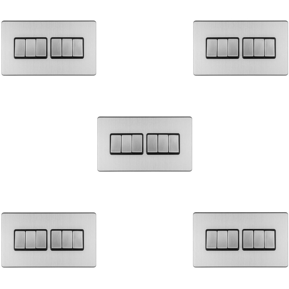 5 PACK 6 Gang Multi Light Switch SCREWLESS SATIN STEEL 2 Way 10A Slim Rocker