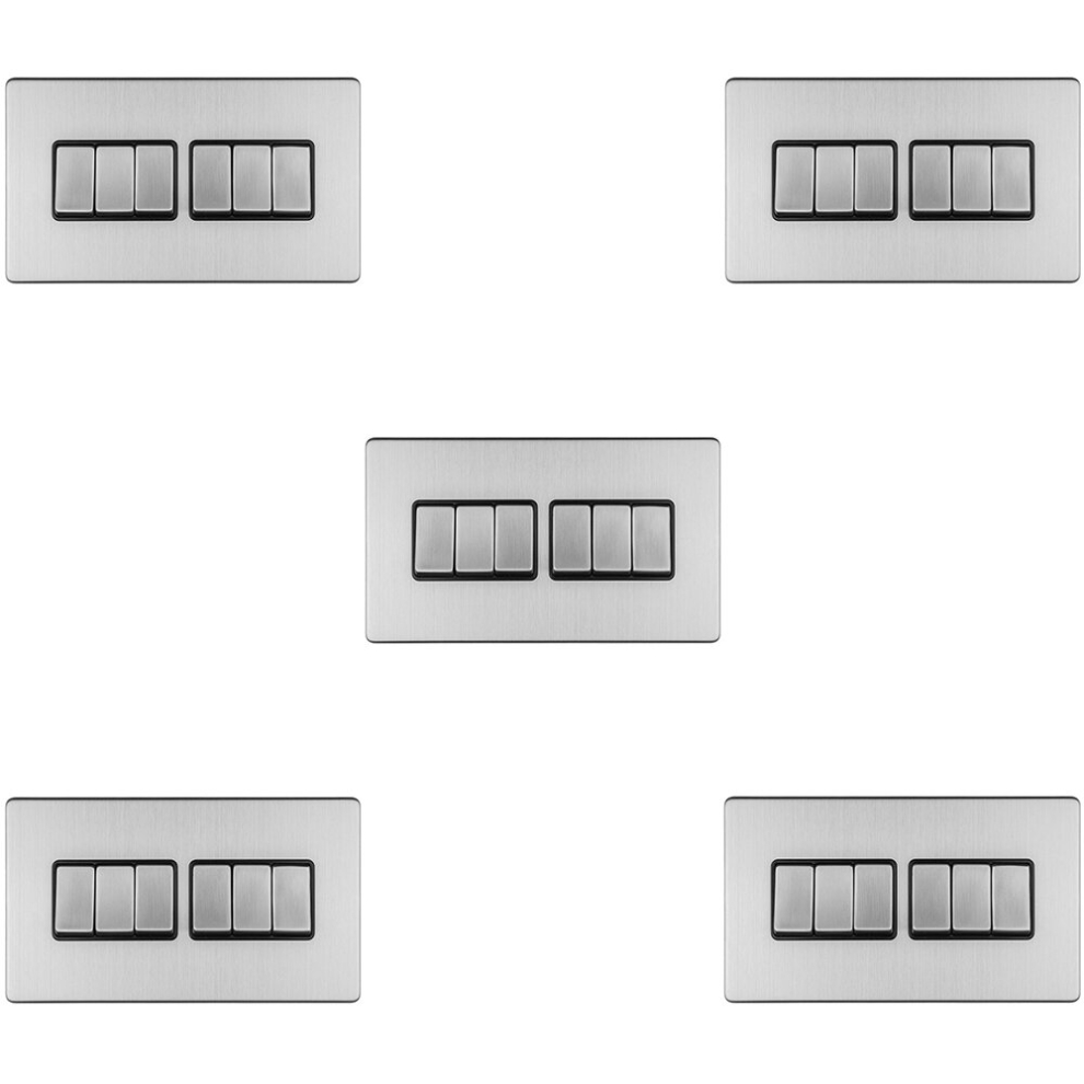 5 Pack 6 Gang Multi Light Switch Screwless Satin Steel 2 Way 10A Slim Rocker 5056581974242