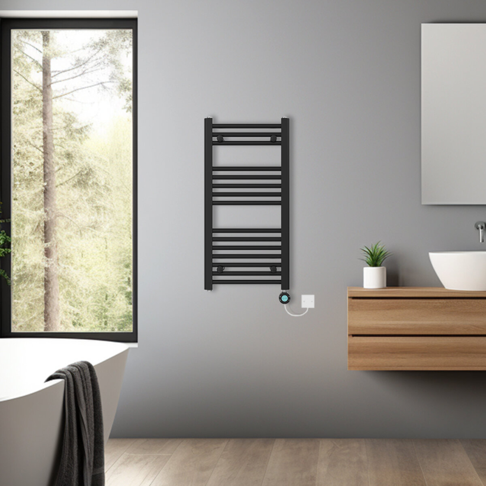 (Black, 800x400mm) Bathroom Prefilled Electric Heated Towel Rail Straight Radiator Thermo Smart WiFi