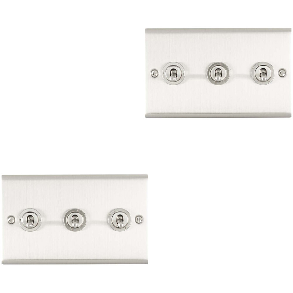 2 PACK 3 Gang Triple Retro Toggle Light Switch SATIN STEEL 10A 2 Way Wall Plate