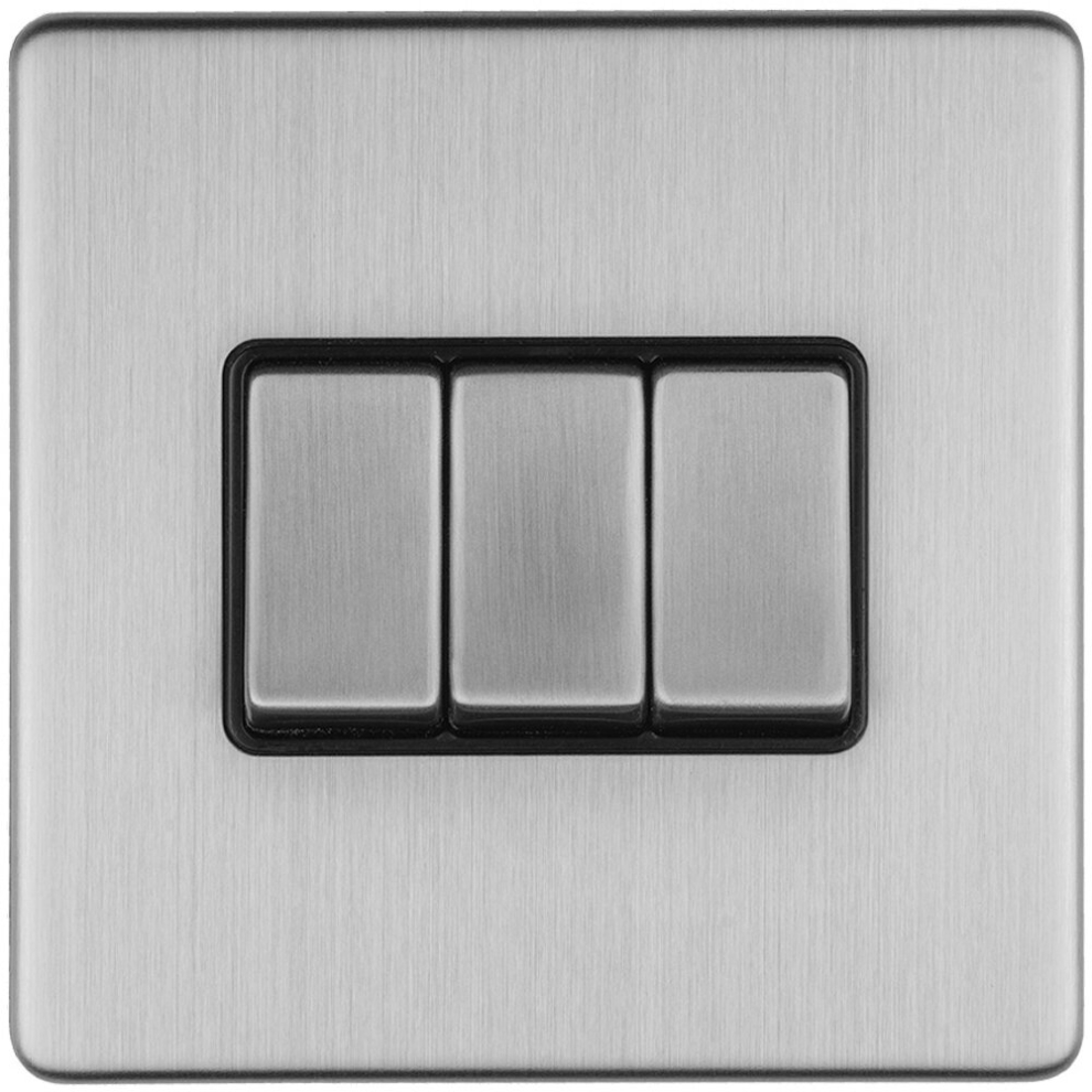 3 Gang Triple Light Switch Screwless Satin Steel 2 Way 10A Metal Rocker Slim 5056581974099