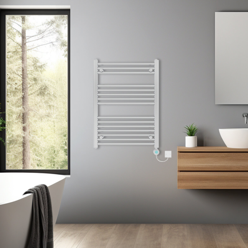 (Chrome, 800x600mm) Bathroom Prefilled Electric Heated Towel Rail Straight Radiator Thermo Smart WiFi