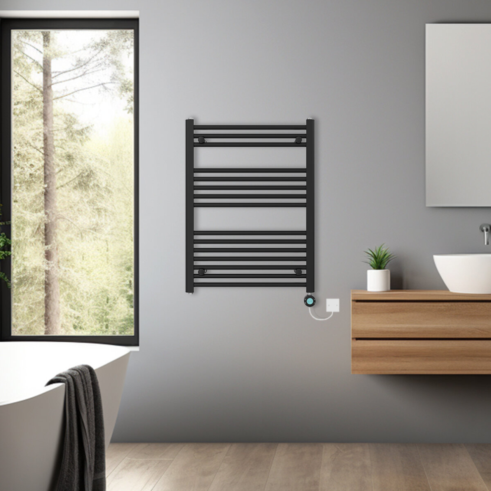 (Black, 800x600mm) Bathroom Prefilled Electric Heated Towel Rail Straight Radiator Thermo Smart WiFi