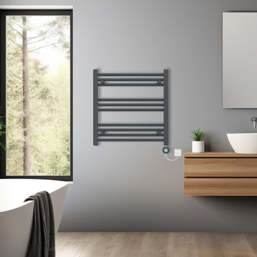 (Anthracite, 600x600mm) Bathroom Prefilled Electric Heated Towel Rail Straight Radiator Thermo Smart WiFi