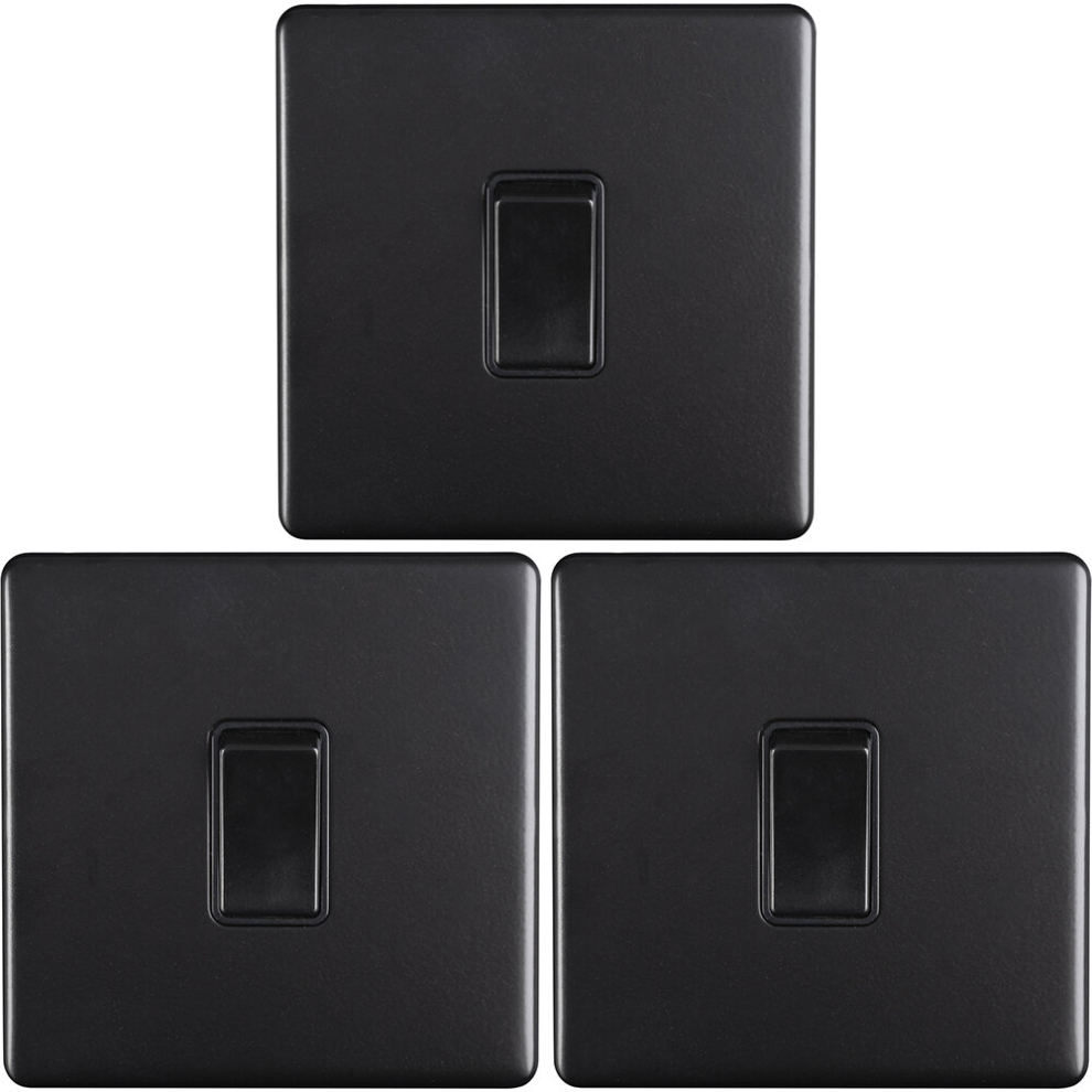 3 PACK 1 Gang Single Light Switch SCREWLESS MATT BLACK 2 Way 10A Slim Rocker