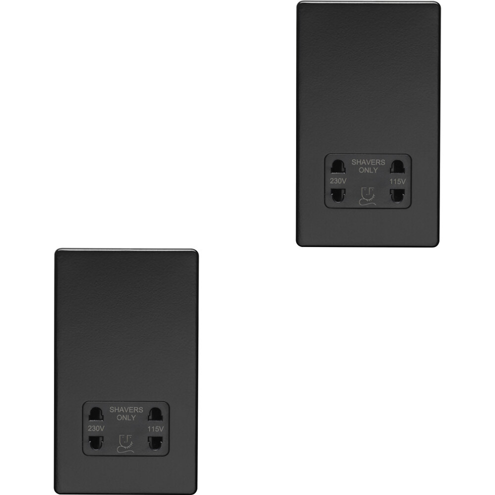 2 PACK 230V 115V Twin Shaver Socket Wall Plate SCREWLESS MATT BLACK Bathroom