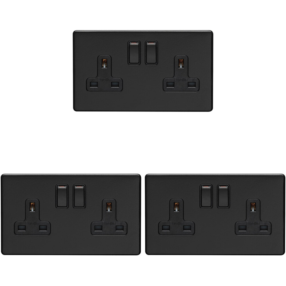 3 PACK 2 Gang Double DP 13A Switched UK Plug Socket SCREWLESS MATT BLACK Power