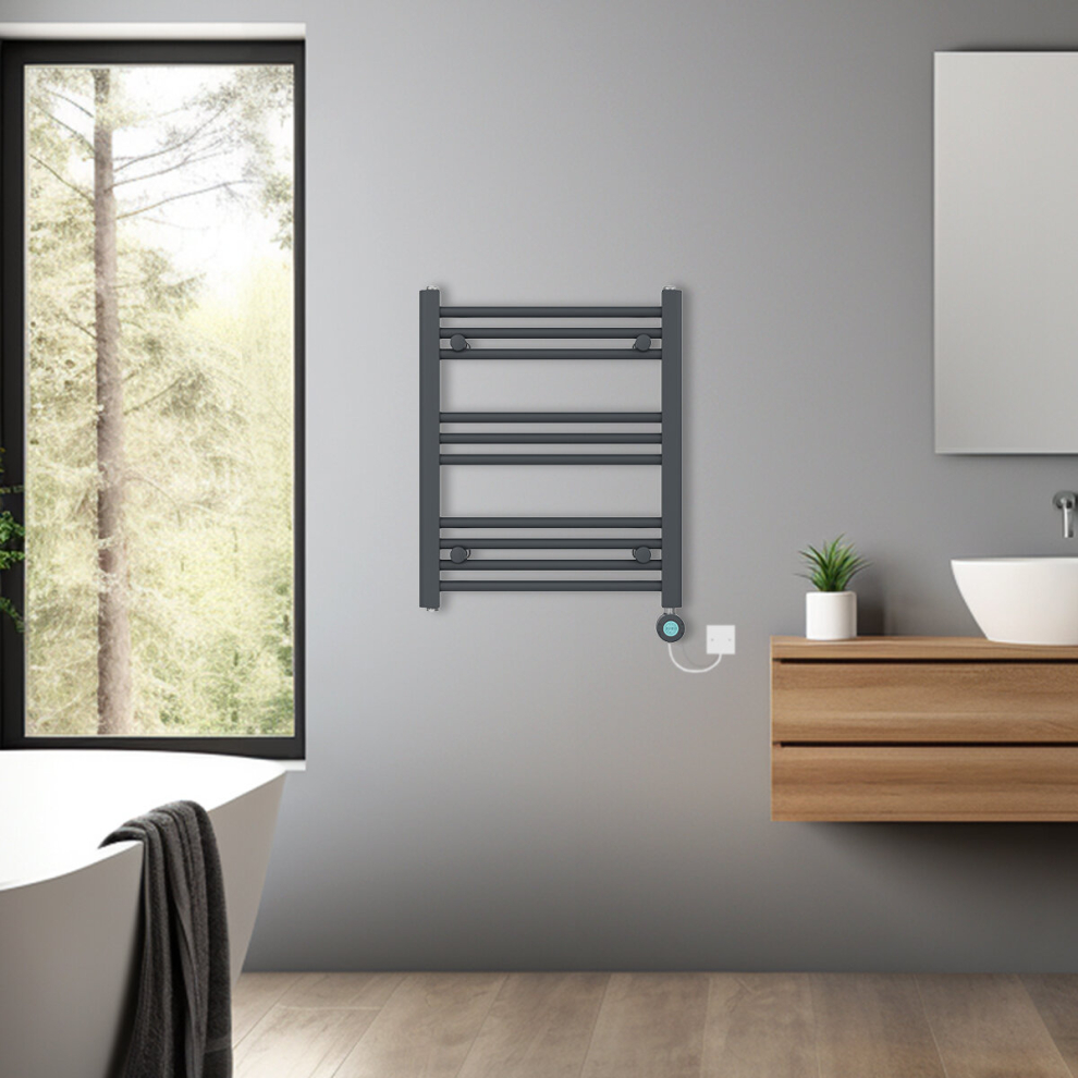 (Anthracite, 600x500mm) Bathroom Prefilled Electric Heated Towel Rail Straight Radiator Thermo Smart WiFi