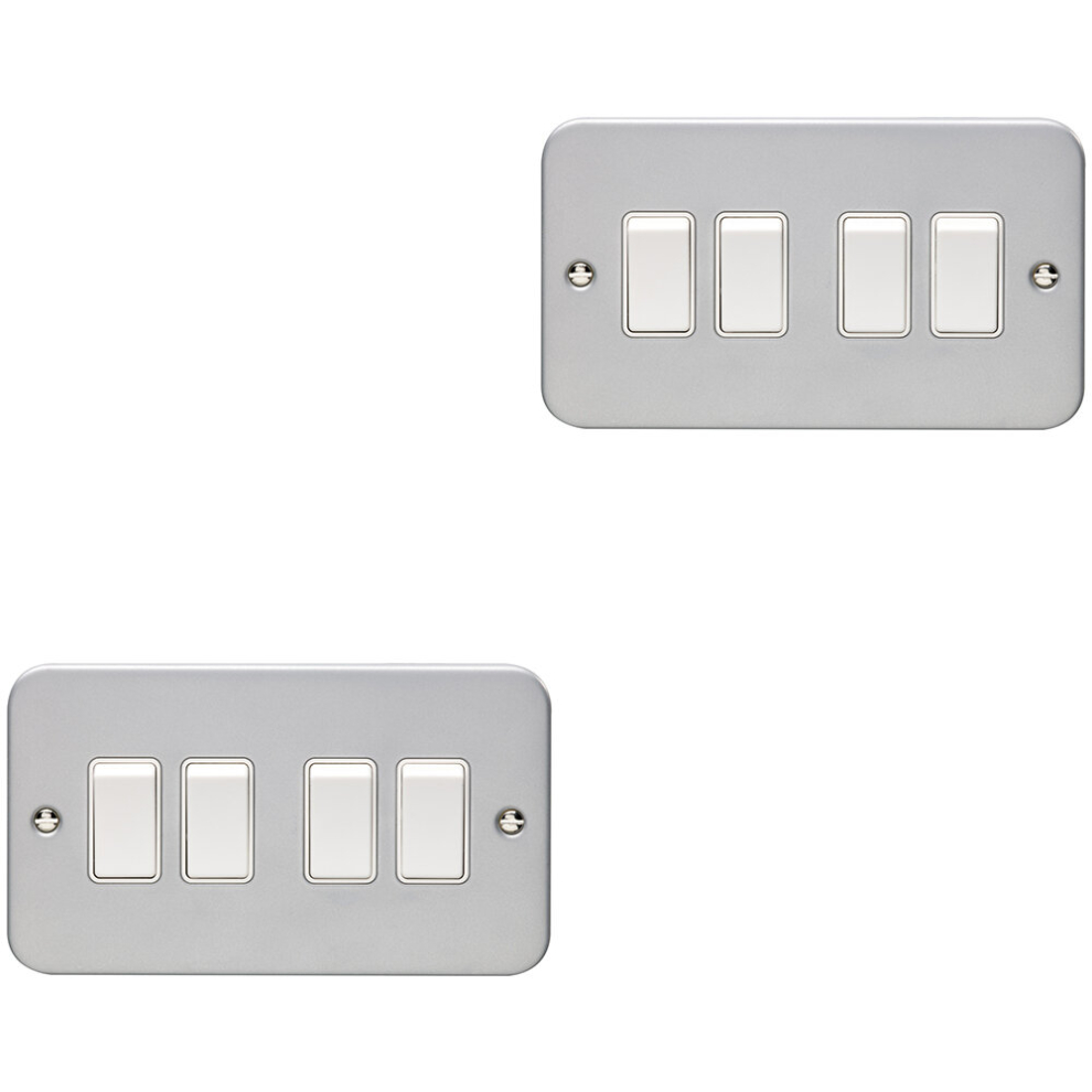 2 PACK 4 Gang Quad Light Switch 2 Way 10A HEAVY DUTY METAL CLAD - White Rocker