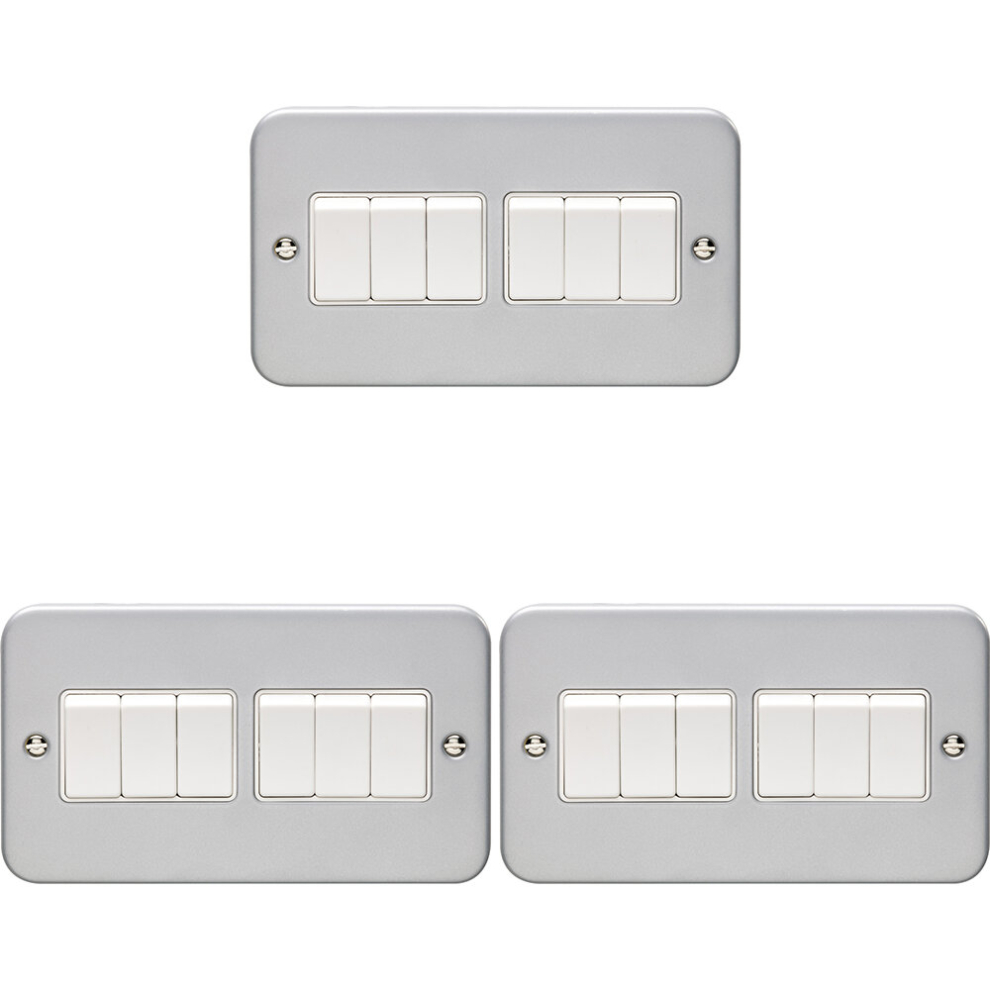 3 PACK 6 Gang Multi Light Switch 2 Way 10A HEAVY DUTY METAL CLAD - White Rocker