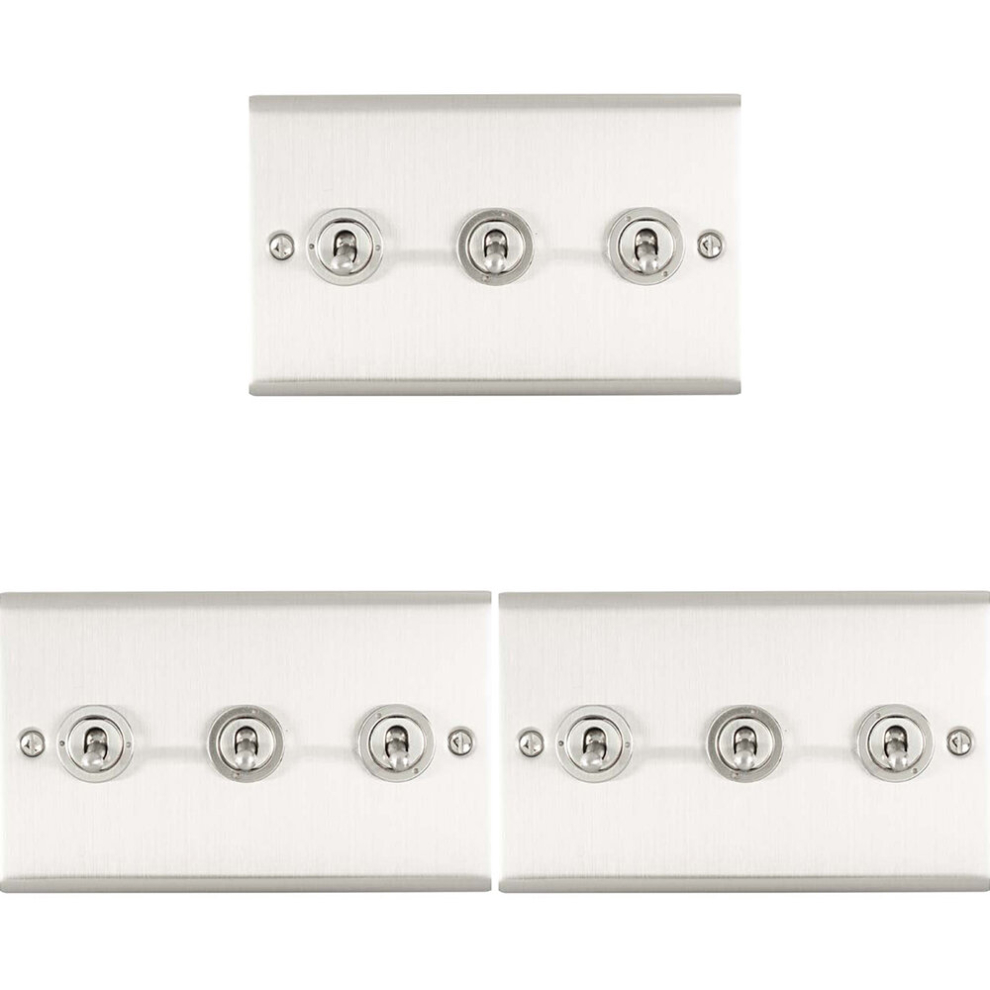 3 PACK 3 Gang Triple Retro Toggle Light Switch SATIN STEEL 10A 2 Way Wall Plate