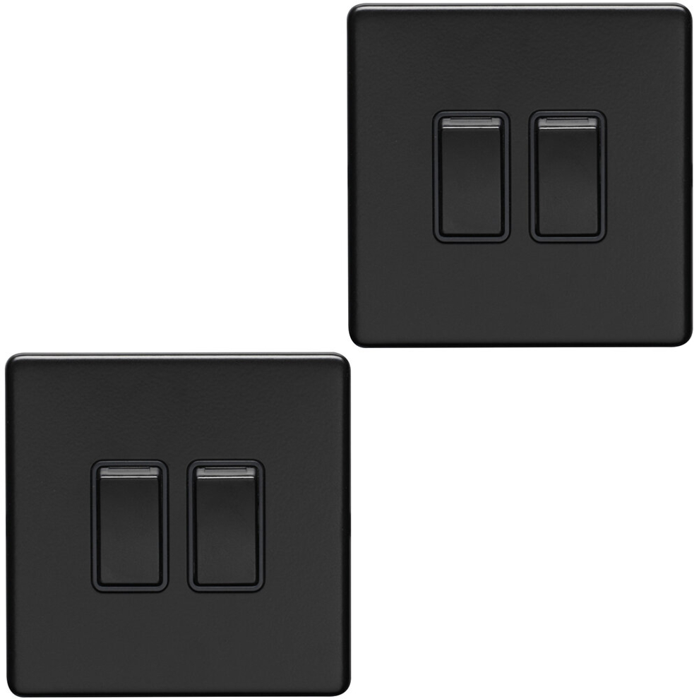 2 PACK 2 Gang Double Light Switch SCREWLESS MATT BLACK 2 Way 10A Slim Rocker