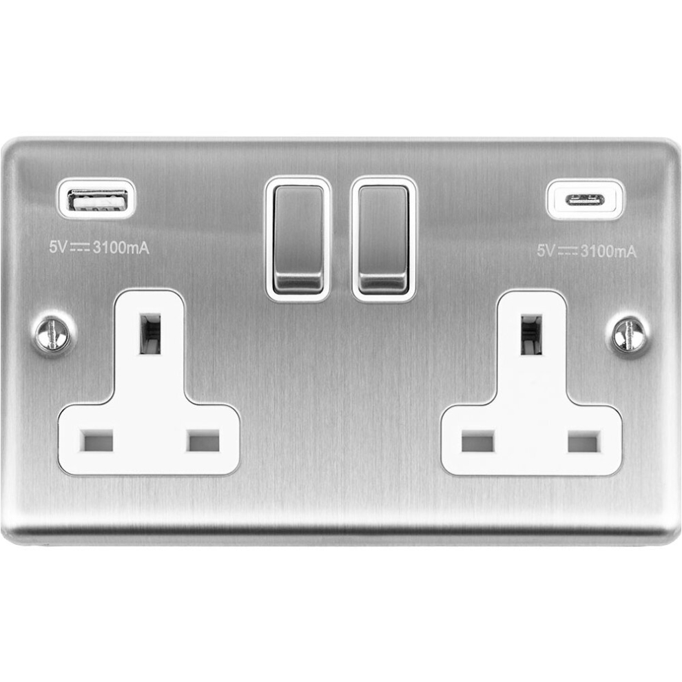 2 Gang Double UK Plug Socket & 2x 3.1A USB-C & A SATIN STEEL & WHITE 13A Switch