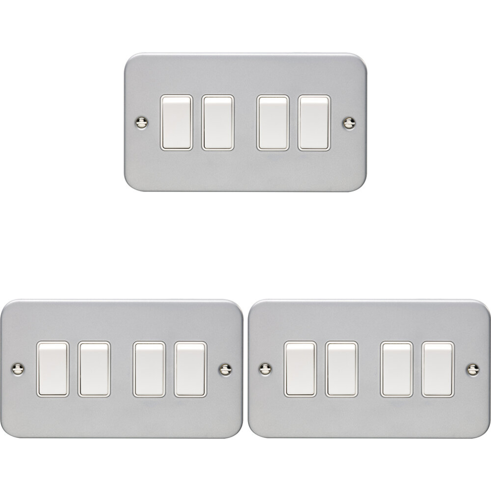 3 PACK 4 Gang Quad Light Switch 2 Way 10A HEAVY DUTY METAL CLAD - White Rocker