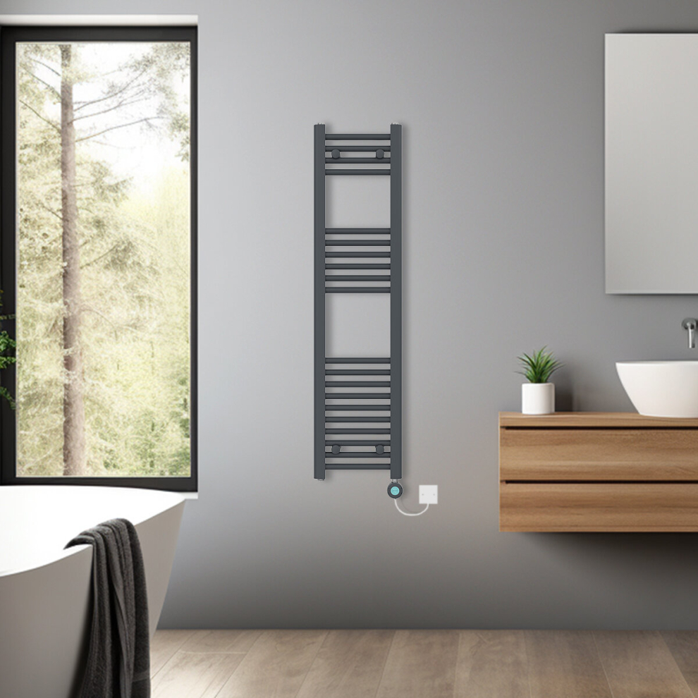 (Anthracite, 1200x300mm) Bathroom Prefilled Electric Heated Towel Rail Straight Radiator Thermo Smart WiFi