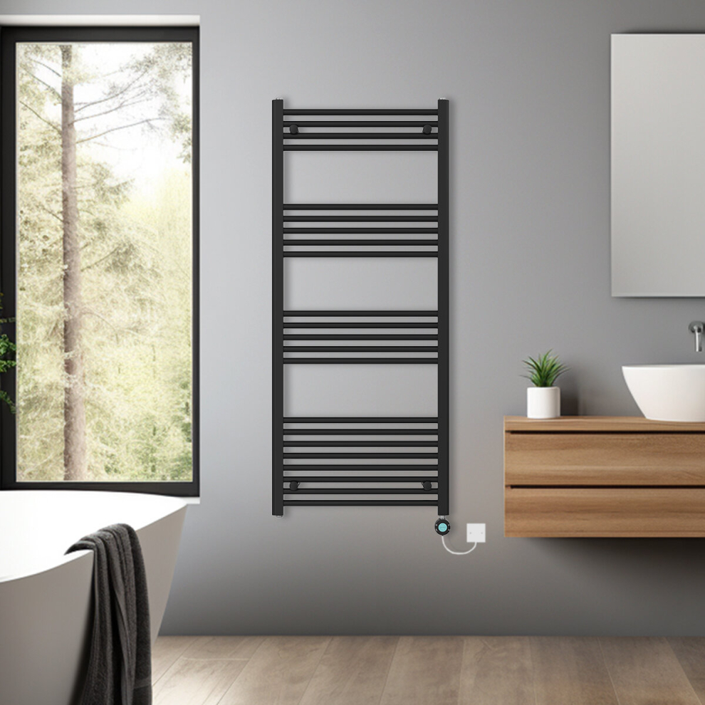 (Black, 1400x600mm) Bathroom Prefilled Electric Heated Towel Rail Straight Radiator Thermo Smart WiFi