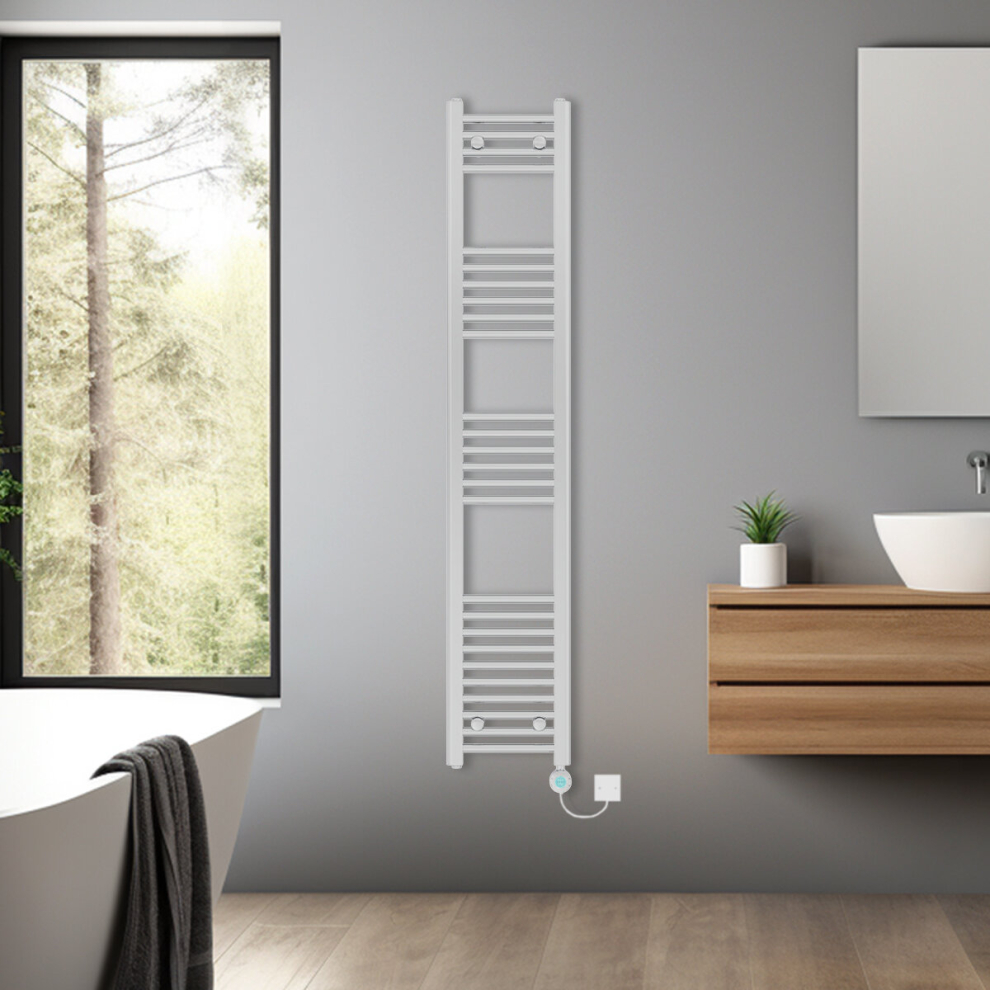 (Chrome, 1600x300mm) Bathroom Prefilled Electric Heated Towel Rail Straight Radiator Thermo Smart WiFi