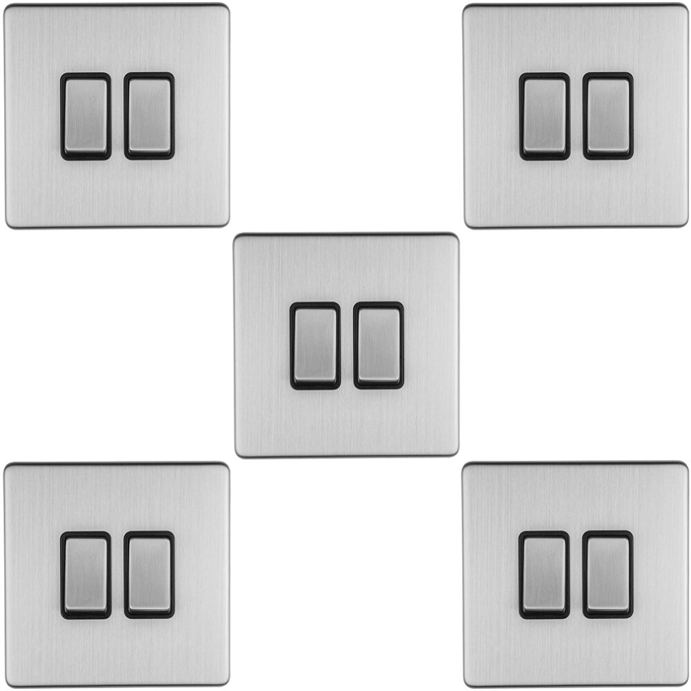 5 PACK 2 Gang Single Light Switch SCREWLESS SATIN STEEL 2 Way 10A Slim Rocker