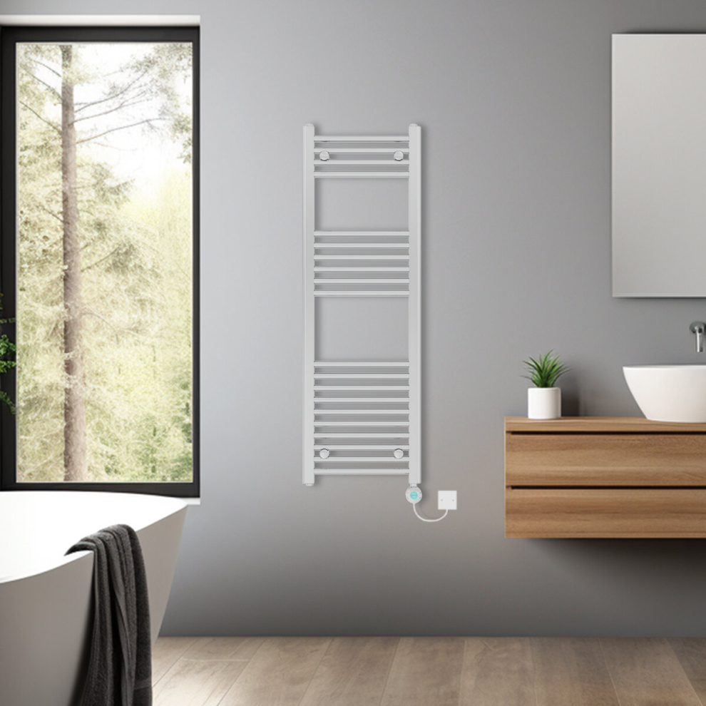 (Chrome, 1200x400mm) Bathroom Prefilled Electric Heated Towel Rail Straight Radiator Thermo Smart WiFi