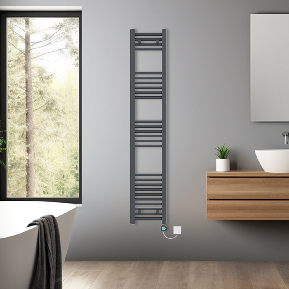 (Anthracite, 1600x300mm) Bathroom Prefilled Electric Heated Towel Rail Straight Radiator Thermo Smart WiFi