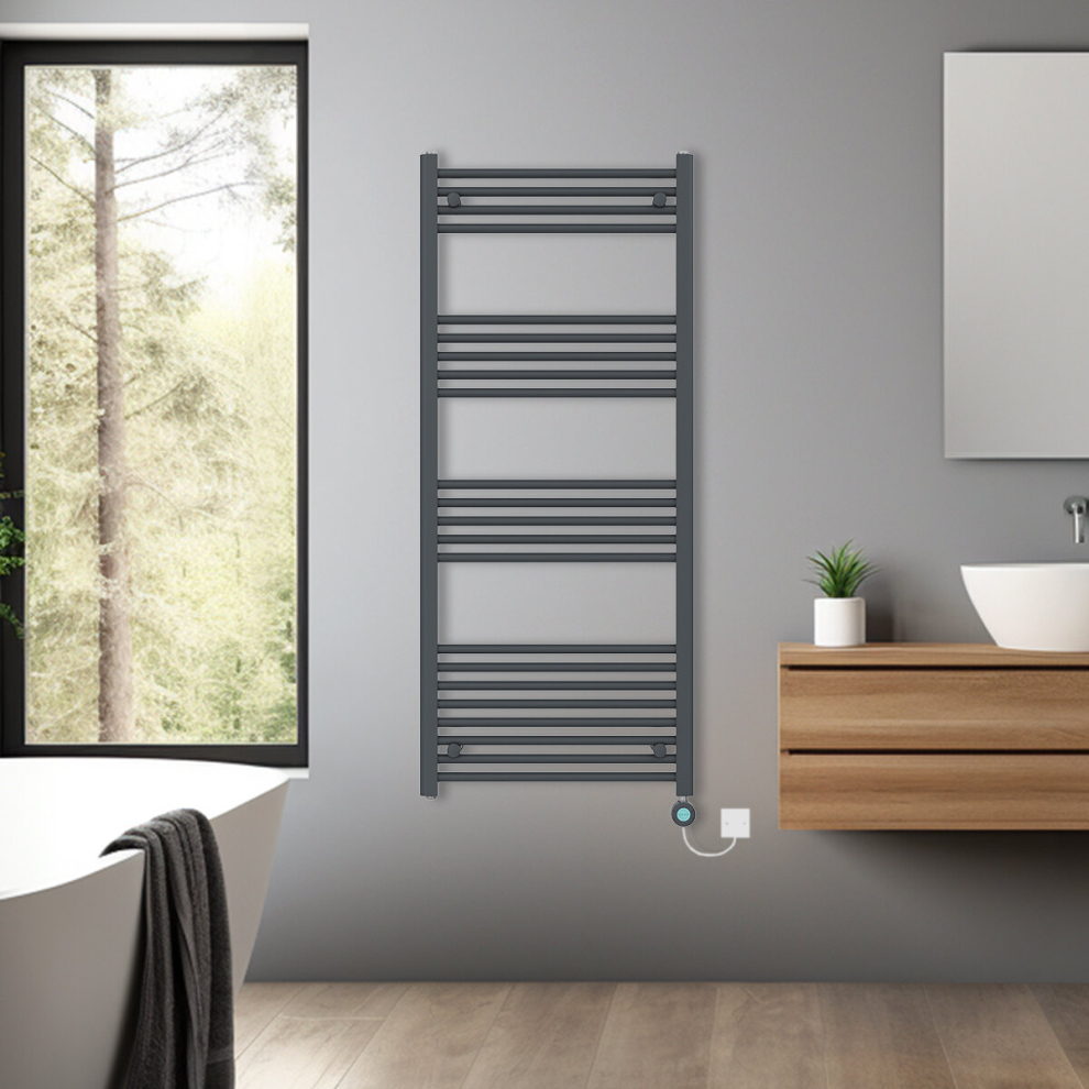 (Anthracite, 1400x600mm) Bathroom Prefilled Electric Heated Towel Rail Straight Radiator Thermo Smart WiFi