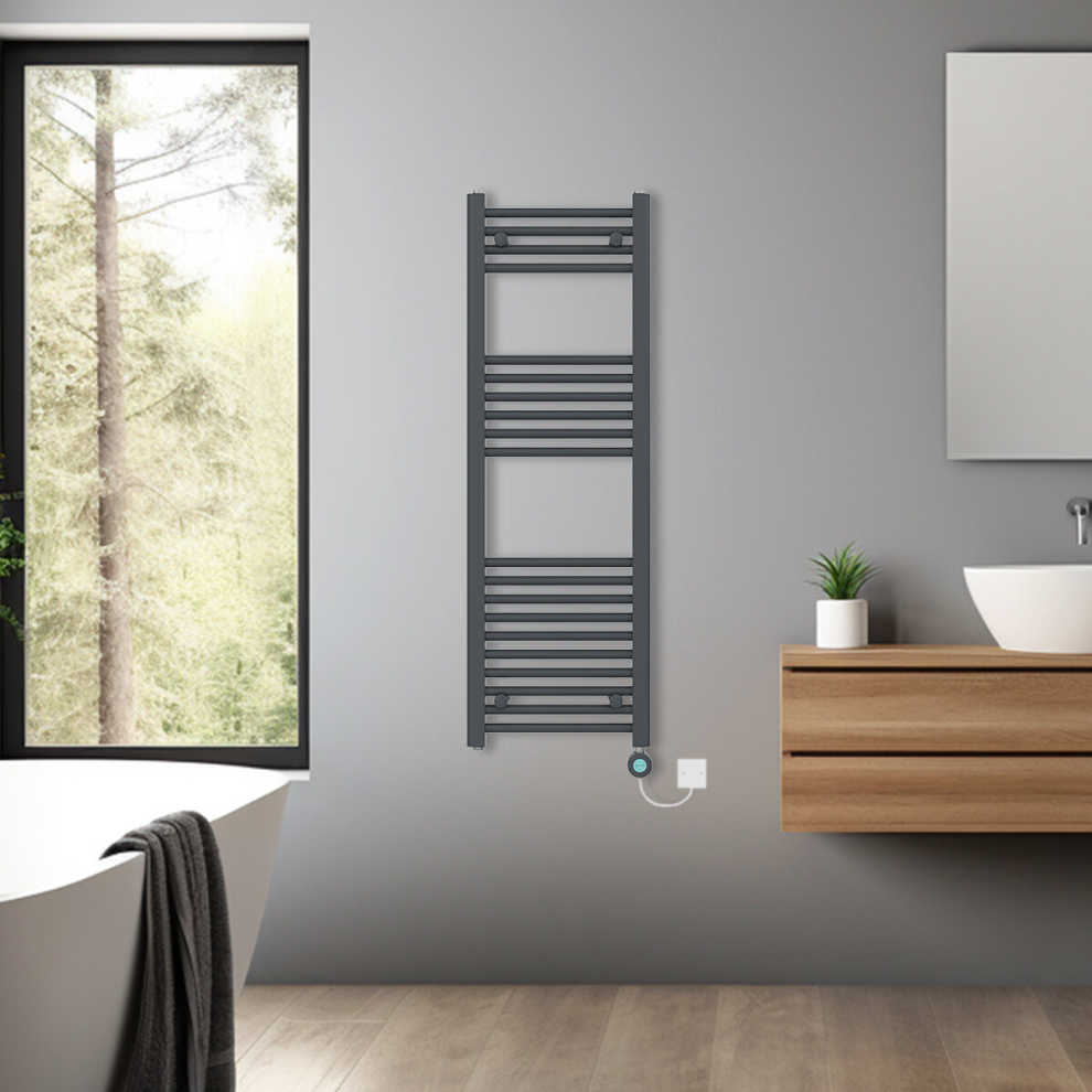 (Anthracite, 1200x400mm) Bathroom Prefilled Electric Heated Towel Rail Straight Radiator Thermo Smart WiFi