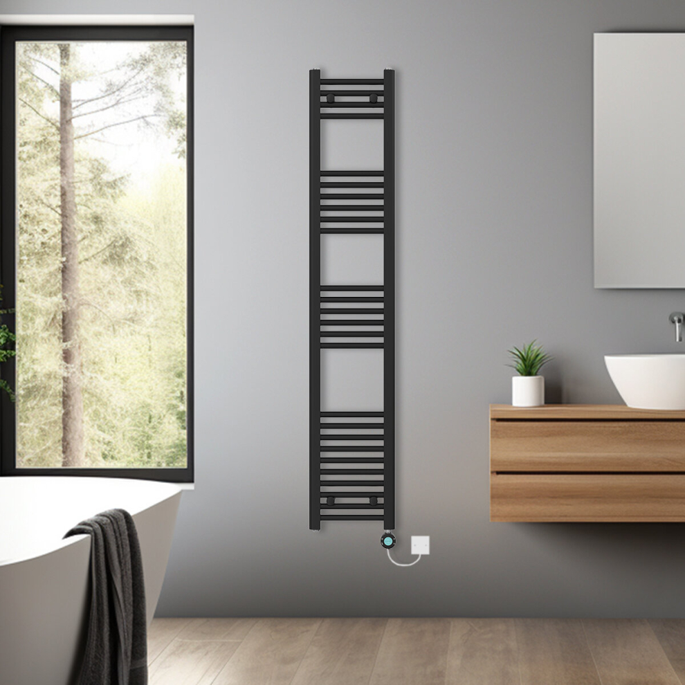 (Black, 1600x300mm) Bathroom Prefilled Electric Heated Towel Rail Straight Radiator Thermo Smart WiFi