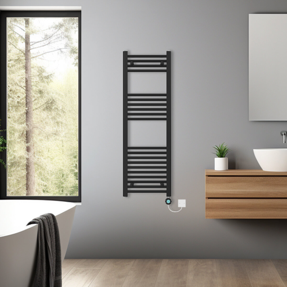 (Black, 1200x400mm) Bathroom Prefilled Electric Heated Towel Rail Straight Radiator Thermo Smart WiFi