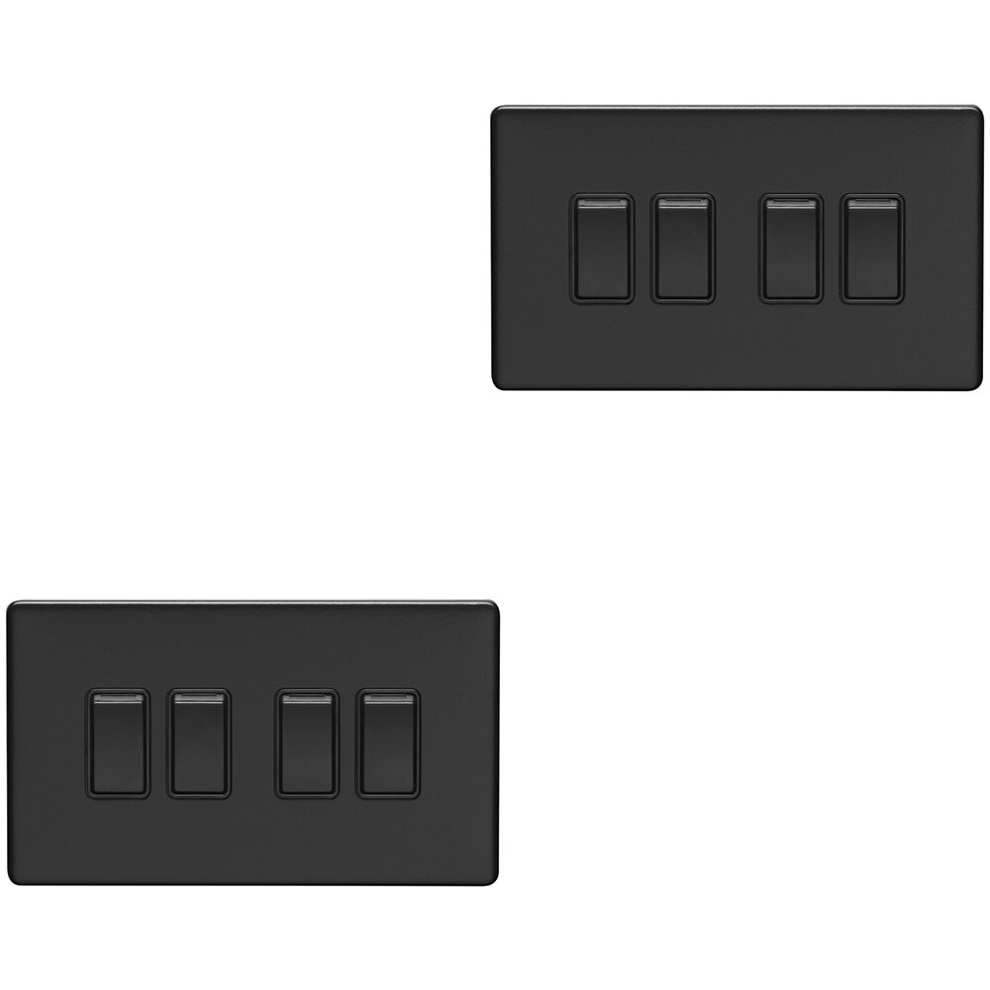 2 PACK 4 Gang Quad Light Switch SCREWLESS MATT BLACK 2 Way 10A Slim Rocker