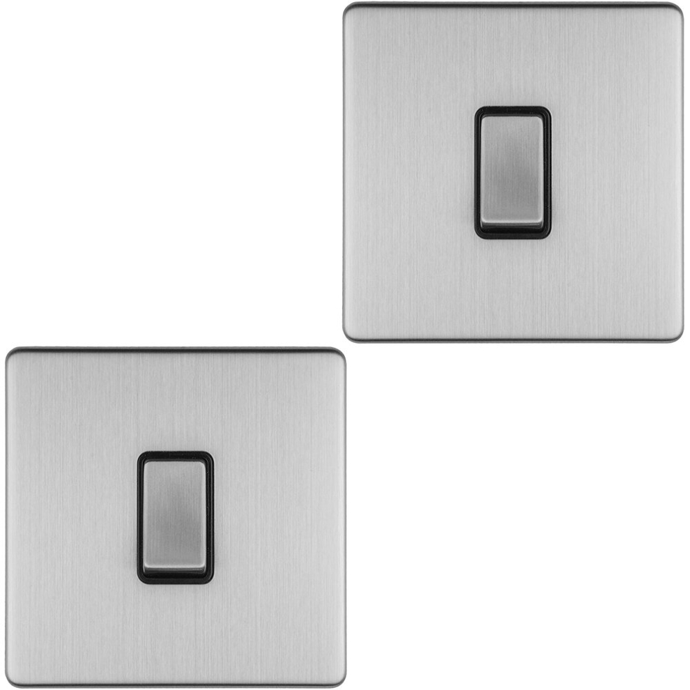 2 Pack 1 Gang Single 10A Intermediate Light Switch Screwless Satin Steel Metal 5056581974280