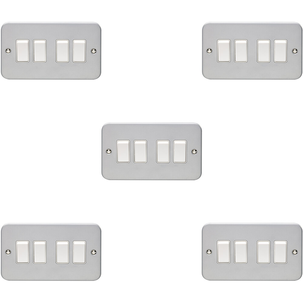 5 PACK 4 Gang Quad Light Switch 2 Way 10A HEAVY DUTY METAL CLAD - White Rocker