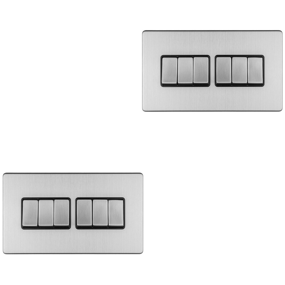 2 Pack 6 Gang Multi Light Switch Screwless Satin Steel 2 Way 10A Slim Rocker 5056581974228