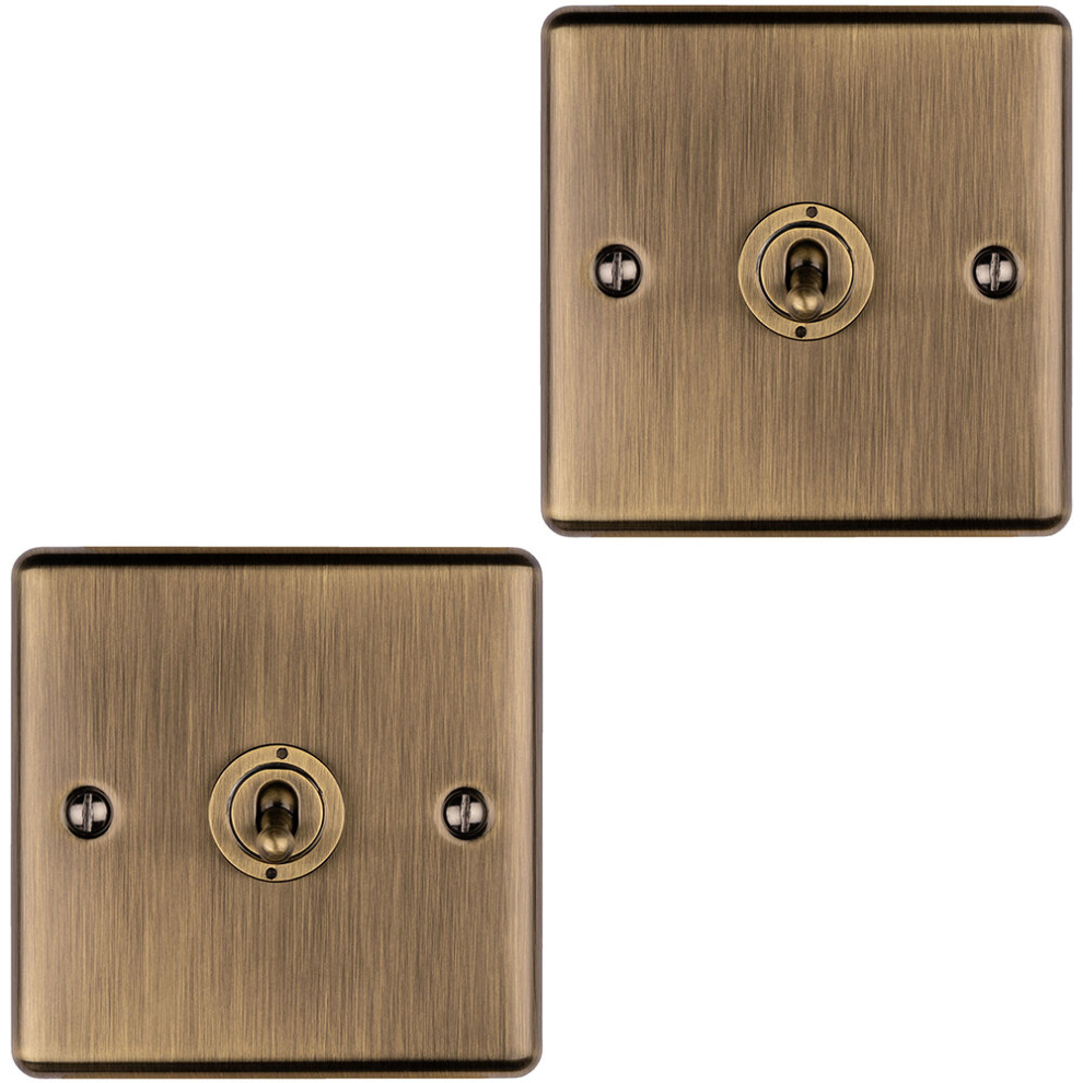 2 Pack 1 Gang Single Retro Toggle Light Switch Antique Brass 10A 2 Way Plate 5056581966155
