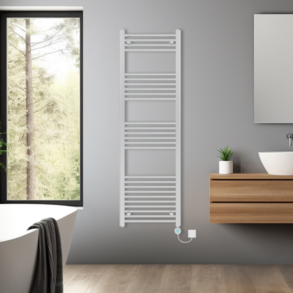 (Chrome, 1600x500mm) Bathroom Prefilled Electric Heated Towel Rail Straight Radiator Thermo Smart WiFi