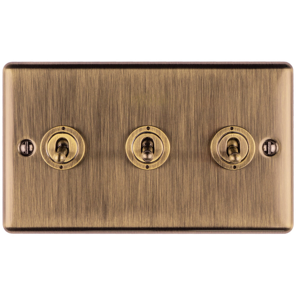 3 Gang Triple Retro Toggle Light Switch ANTIQUE BRASS 10A 2 Way Lever Plate