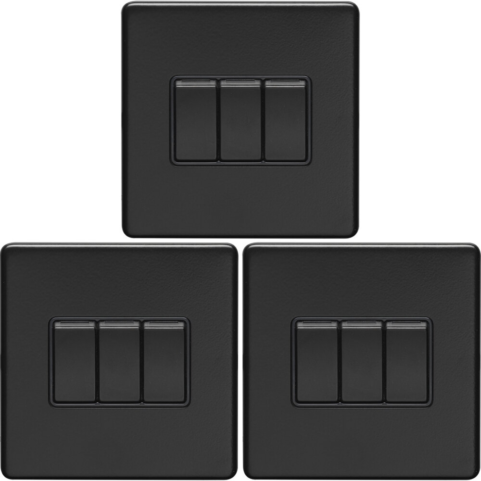 3 PACK 3 Gang Triple Light Switch SCREWLESS MATT BLACK 2 Way 10A Slim Rocker