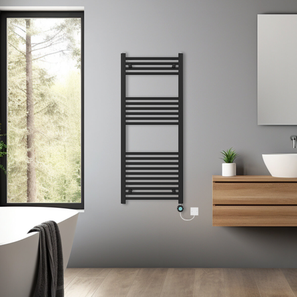 (Black, 1200x500mm) Bathroom Prefilled Electric Heated Towel Rail Straight Radiator Thermo Smart WiFi