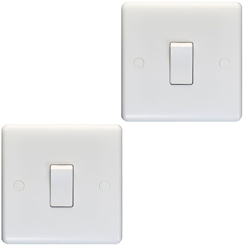 2 PACK 1 Gang Single 10A Light Switch 2 Way - WHITE PLASTIC Wall Plate Rocker