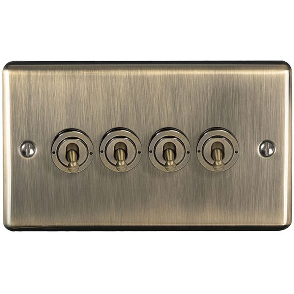 4 Gang Quad Retro Toggle Light Switch Antique Brass 10A 2 Way Lever Plate 5056581966261