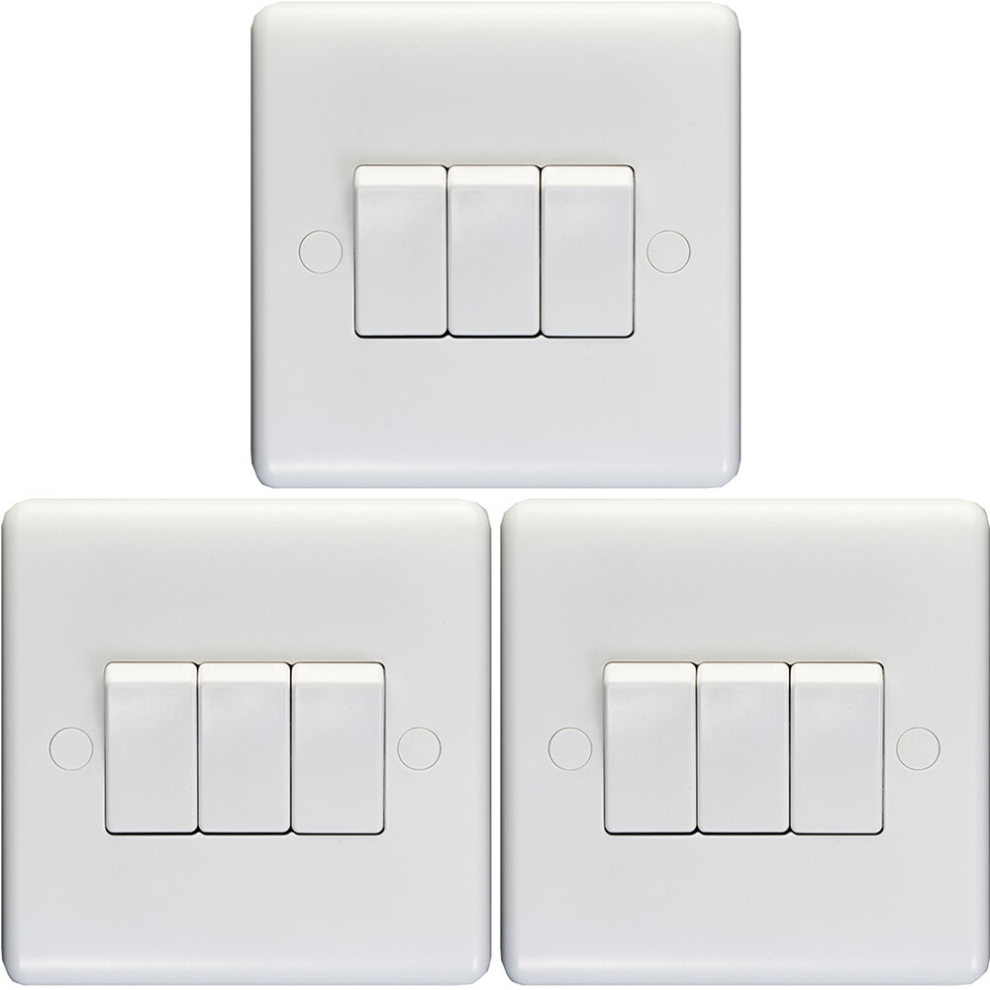 3 PACK 3 Gang Triple 10A Light Switch 2 Way - WHITE PLASTIC Wall Plate Rocker