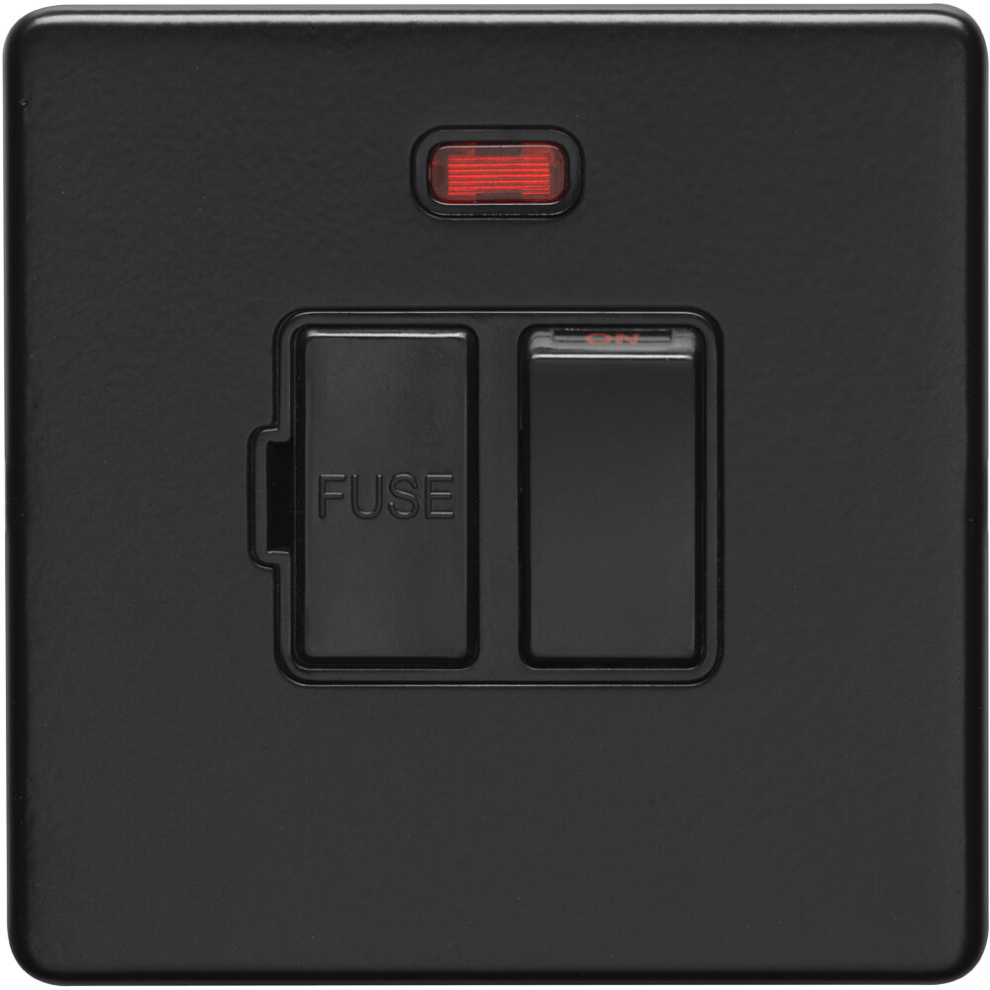 1 Gang 13A Switched Fuse Spur & Neon Screwless Matt Black Rocker Mains Isolation 5056581971739