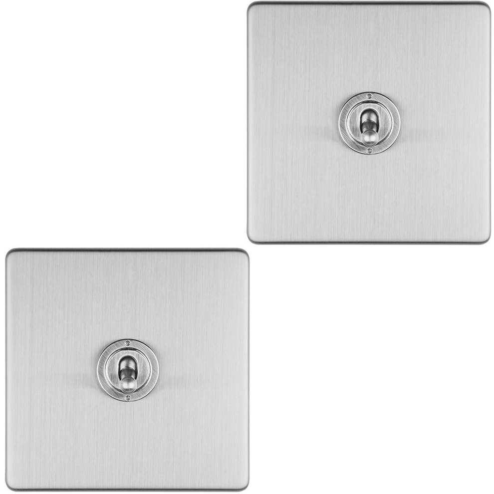 2 PACK 1 Gang Single Retro Toggle Light Switch SCREWLESS SATIN STEEL 10A 2 Way