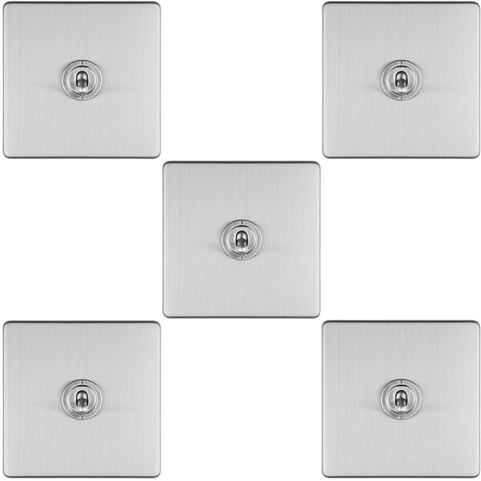 5 PACK 1 Gang Single Retro Toggle Light Switch SCREWLESS SATIN STEEL 10A 2 Way