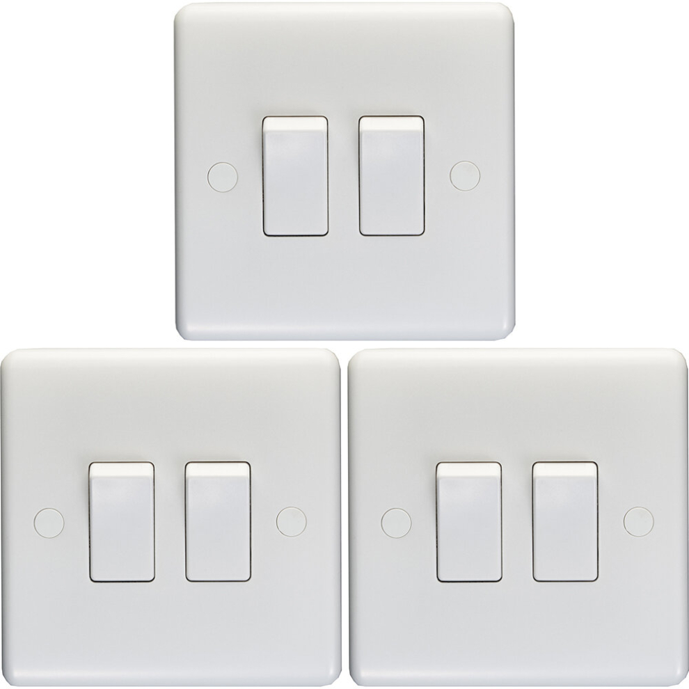 3 PACK 2 Gang Double 10A Light Switch 2 Way - WHITE PLASTIC Wall Plate Rocker