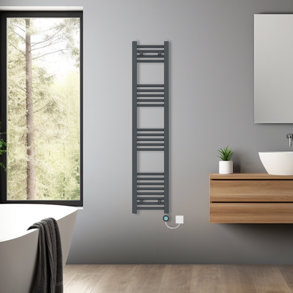 (Anthracite, 1400x300mm) Bathroom Prefilled Electric Heated Towel Rail Straight Radiator Thermo Smart WiFi